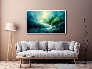 Green abstract landscape painting with flowing textures and luminous depth