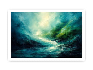 Green abstract landscape painting with flowing textures and luminous depth