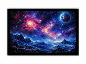 Fantasy cosmic landscape artwork featuring glowing galaxies, distant planets, stars, and surreal blue mountain terrain
