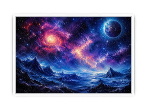 Fantasy cosmic landscape artwork featuring glowing galaxies, distant planets, stars, and surreal blue mountain terrain