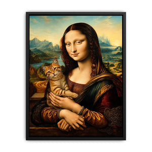 Luxury renaissance woman portrait holding ginger cat in surreal vintage landscape wall art
