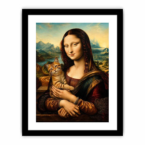 Luxury renaissance woman portrait holding ginger cat in surreal vintage landscape wall art