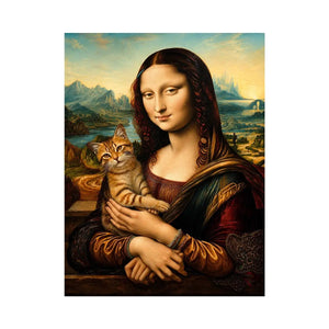 Luxury renaissance woman portrait holding ginger cat in surreal vintage landscape wall art