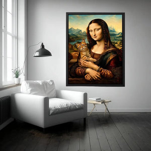 Luxury renaissance woman portrait holding ginger cat in surreal vintage landscape wall art