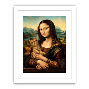 Luxury renaissance woman portrait holding ginger cat in surreal vintage landscape wall art