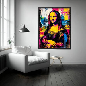Colorful pop art Mona Lisa portrait with vibrant neon abstract brush textures modern luxury wall art