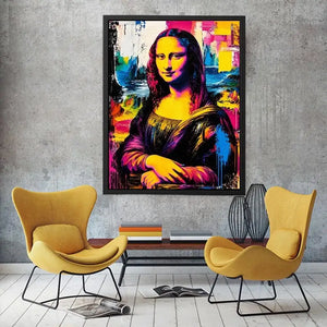 Colorful pop art Mona Lisa portrait with vibrant neon abstract brush textures modern luxury wall art