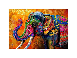 Colorful boho elephant painting with vibrant tribal patterns and luxury modern wall art design