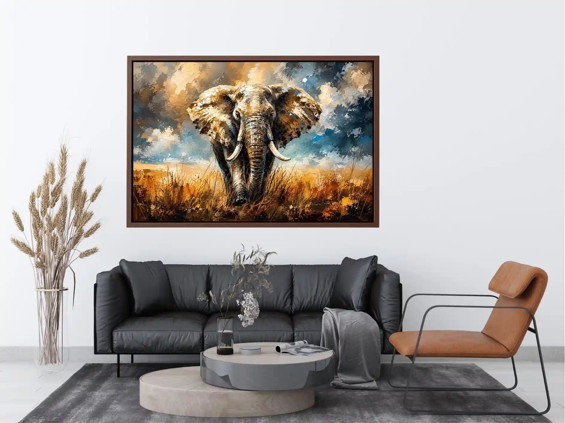 Modern abstract elephant wall art with bold textures and dramatic lighting, luxury wildlife canvas for living room and office decor