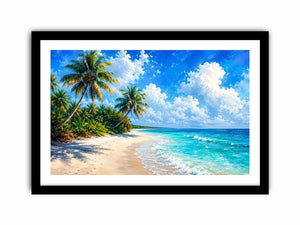 Tropical beach wall art with palm trees, turquoise ocean, and soft sand, serene coastal canvas for relaxing living room or bedroom decor