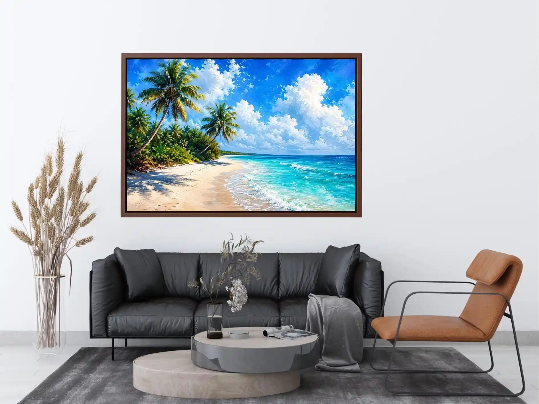 Tropical beach wall art with palm trees, turquoise ocean, and soft sand, serene coastal canvas for relaxing living room or bedroom decor