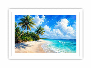Tropical beach wall art with palm trees, turquoise ocean, and soft sand, serene coastal canvas for relaxing living room or bedroom decor