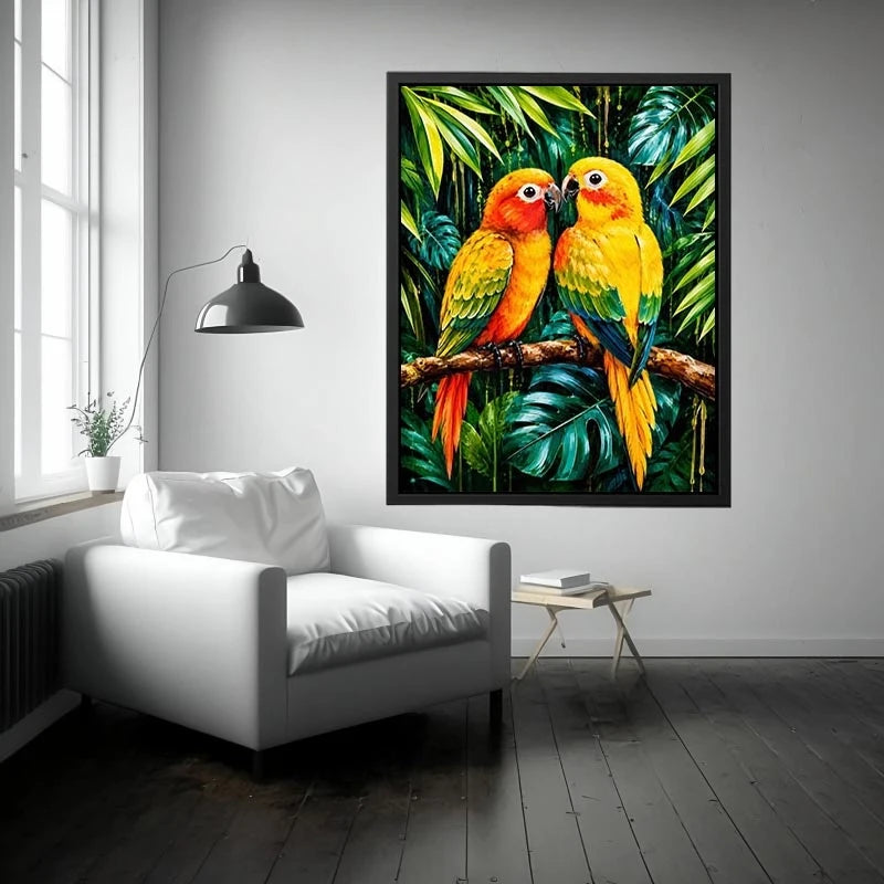 Colorful tropical parrot wall art with vibrant feathers and lush jungle leaves, modern exotic bird canvas for living room or bedroom decor