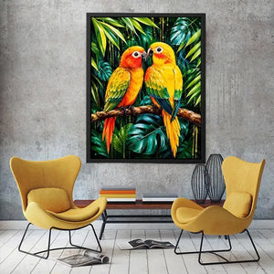 Colorful tropical parrot wall art with vibrant feathers and lush jungle leaves, modern exotic bird canvas for living room or bedroom decor