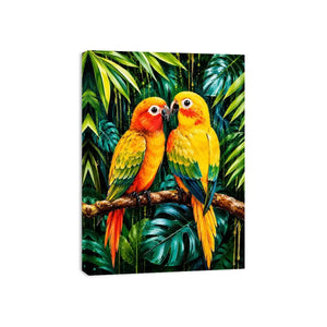 Colorful tropical parrot wall art with vibrant feathers and lush jungle leaves, modern exotic bird canvas for living room or bedroom decor