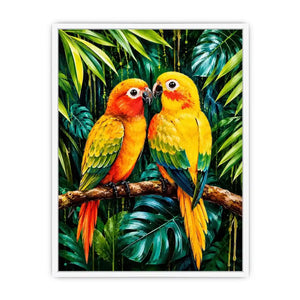 Colorful tropical parrot wall art with vibrant feathers and lush jungle leaves, modern exotic bird canvas for living room or bedroom decor