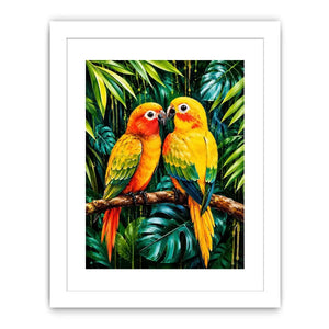 Colorful tropical parrot wall art with vibrant feathers and lush jungle leaves, modern exotic bird canvas for living room or bedroom decor