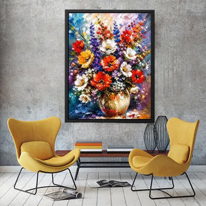 Modern vibrant floral vase wall art with bold textured flowers and rich colors, luxury abstract botanical canvas for living room decor