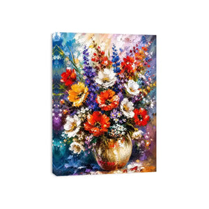 Modern vibrant floral vase wall art with bold textured flowers and rich colors, luxury abstract botanical canvas for living room decor