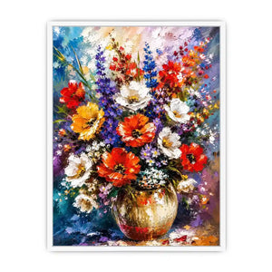 Modern vibrant floral vase wall art with bold textured flowers and rich colors, luxury abstract botanical canvas for living room decor