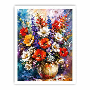 Modern vibrant floral vase wall art with bold textured flowers and rich colors, luxury abstract botanical canvas for living room decor