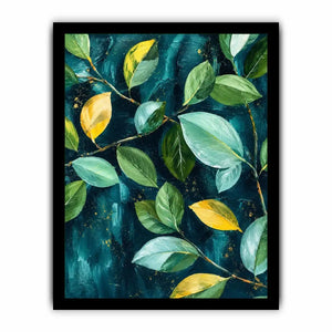 Modern botanical leaf wall art with teal background and elegant green foliage canvas painting