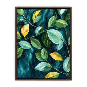 Modern botanical leaf wall art with teal background and elegant green foliage canvas painting