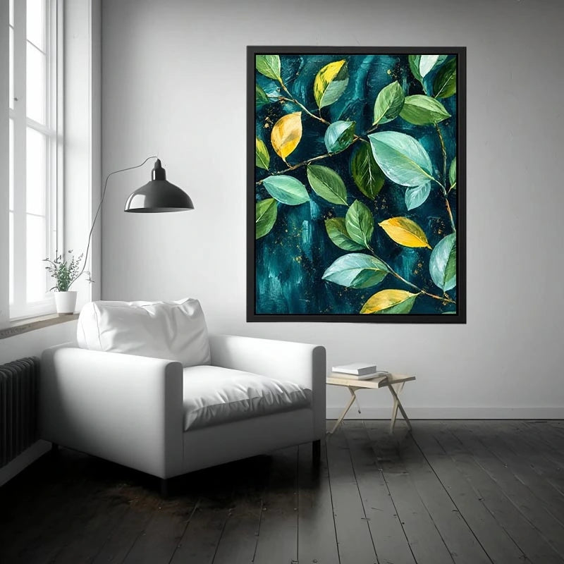 Modern botanical leaf wall art with teal background and elegant green foliage canvas painting