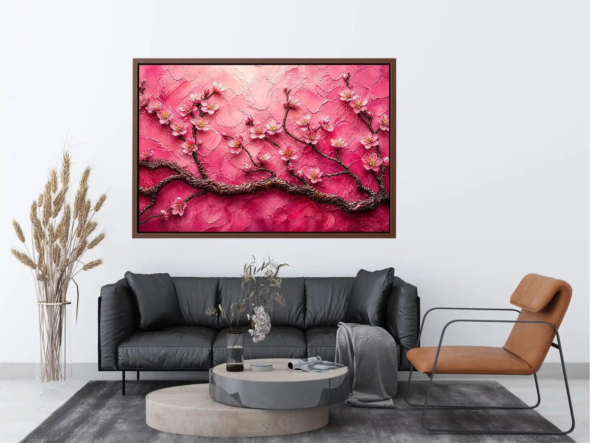 Pink cherry blossom painting with textured background and delicate floral branches