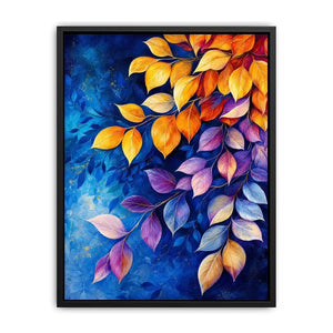 Elegant botanical leaf wall art with blue background and gold purple foliage modern canvas painting