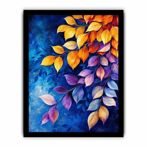 Elegant botanical leaf wall art with blue background and gold purple foliage modern canvas painting