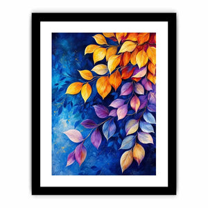 Elegant botanical leaf wall art with blue background and gold purple foliage modern canvas painting