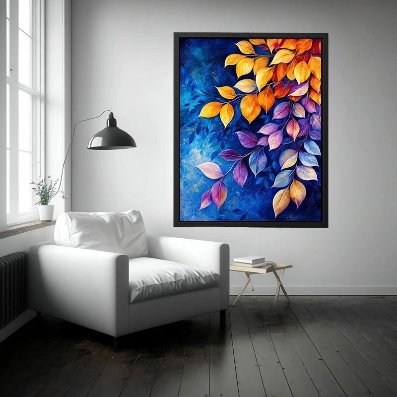 Elegant botanical leaf wall art with blue background and gold purple foliage modern canvas painting