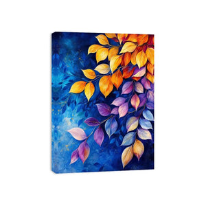 Elegant botanical leaf wall art with blue background and gold purple foliage modern canvas painting