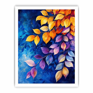 Elegant botanical leaf wall art with blue background and gold purple foliage modern canvas painting
