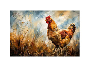 Rustic rooster farmhouse wall art with earthy painterly texture and modern country canvas decor