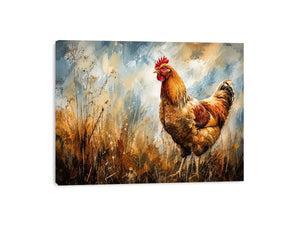 Rustic rooster farmhouse wall art with earthy painterly texture and modern country canvas decor
