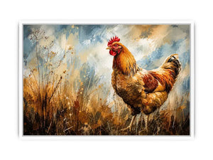 Rustic rooster farmhouse wall art with earthy painterly texture and modern country canvas decor