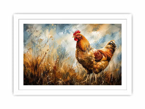Rustic rooster farmhouse wall art with earthy painterly texture and modern country canvas decor