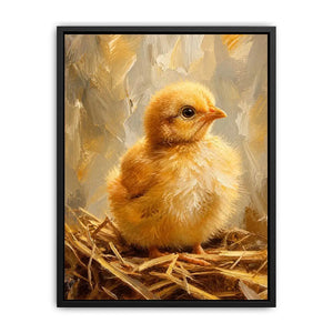 Cute fluffy baby chick farmhouse wall art with warm rustic painterly texture for nursery decor
