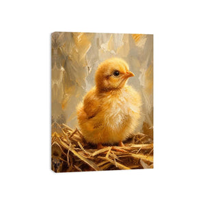 Cute fluffy baby chick farmhouse wall art with warm rustic painterly texture for nursery decor