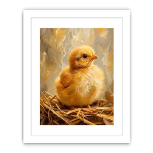 Cute fluffy baby chick farmhouse wall art with warm rustic painterly texture for nursery decor