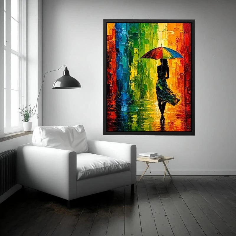 Colorful abstract woman with umbrella modern canvas wall art in vibrant green orange and blue tones