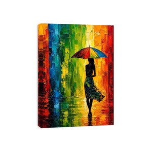 Colorful abstract woman with umbrella modern canvas wall art in vibrant green orange and blue tones