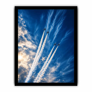 Modern jet formation wall art with airplane contrails against deep blue sky