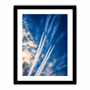Modern jet formation wall art with airplane contrails against deep blue sky