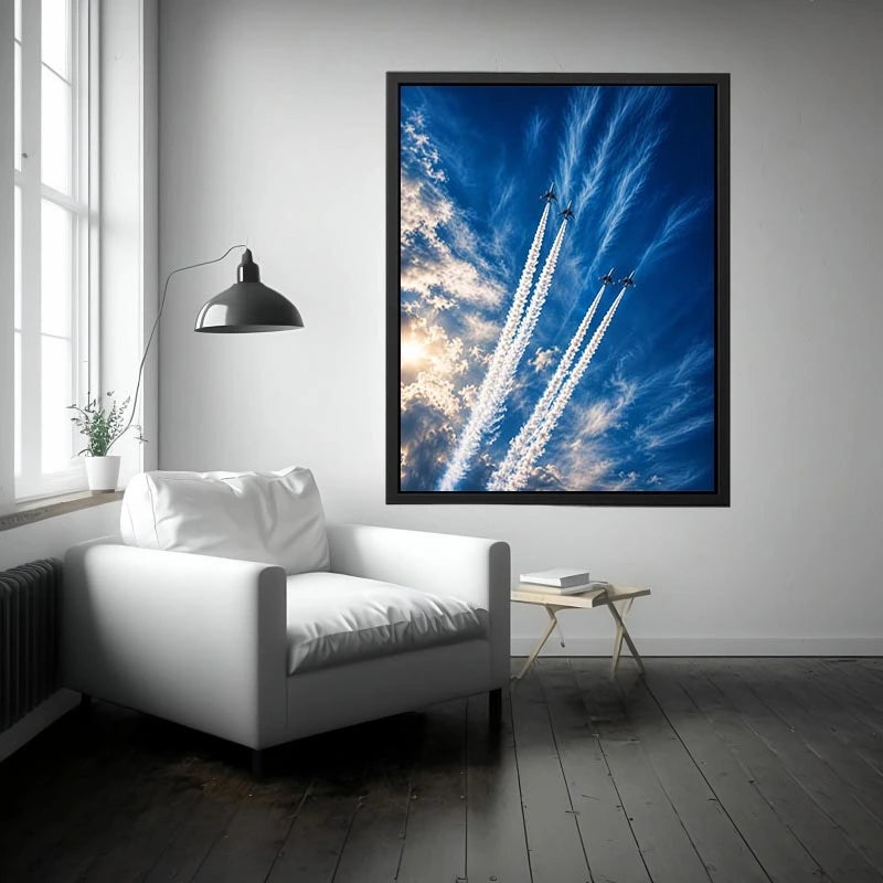 Modern jet formation wall art with airplane contrails against deep blue sky