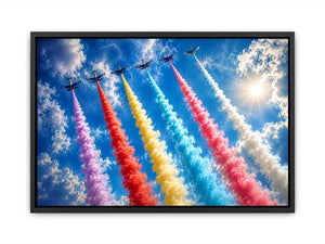 Colorful aircraft smoke trail wall art with vibrant jets flying across bright blue sky