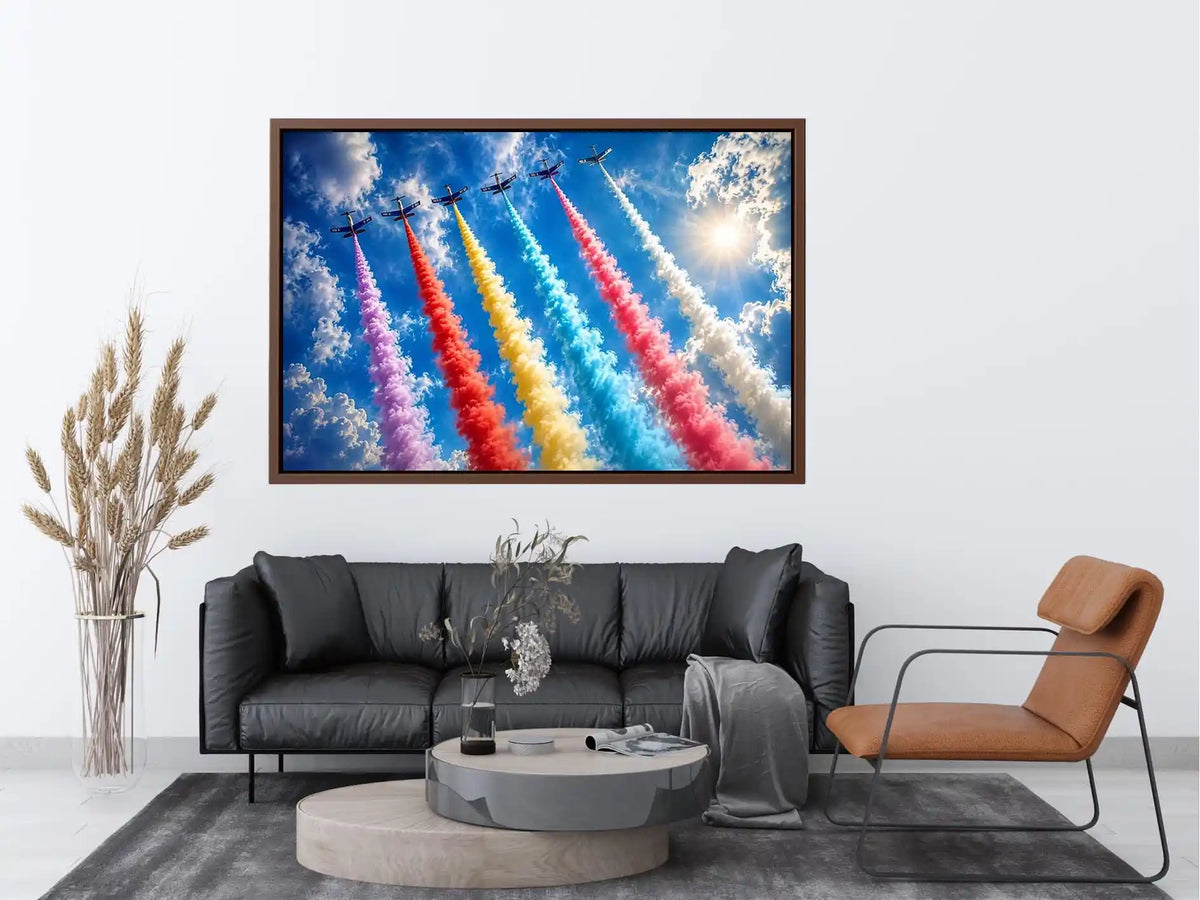 Colorful aircraft smoke trail wall art with vibrant jets flying across bright blue sky