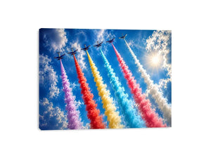 Colorful aircraft smoke trail wall art with vibrant jets flying across bright blue sky